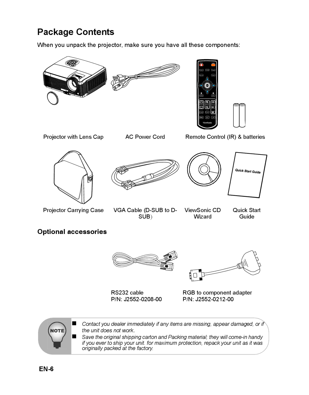 ViewSonic PJD6241 warranty Package Contents 