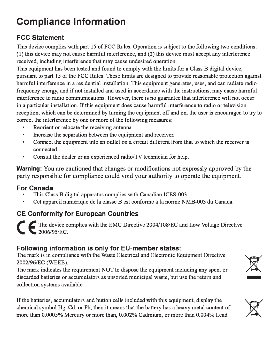 ViewSonic PJD6251 warranty Compliance Information, FCC Statement, For Canada, CE Conformity for European Countries 