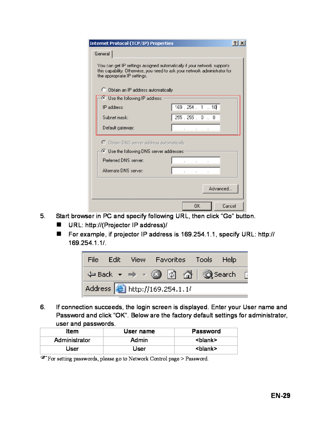 ViewSonic PJD6251 warranty EN-29, „ URL http//Projector IP address, user and passwords, User name, Password 