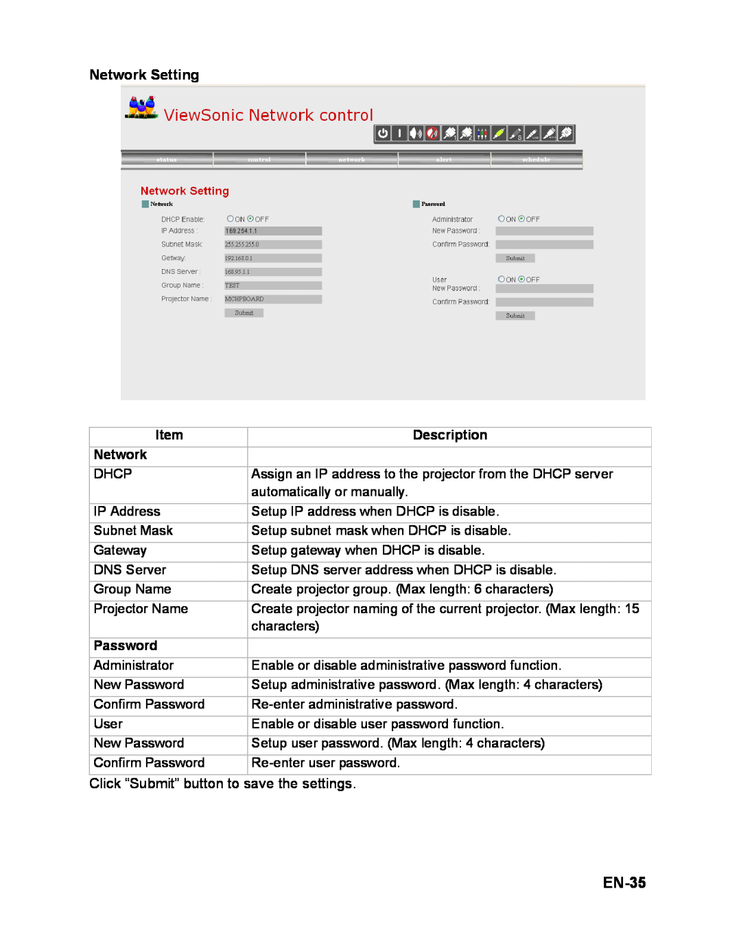 ViewSonic PJD6251 warranty EN-35, Network Setting, Description, Password 