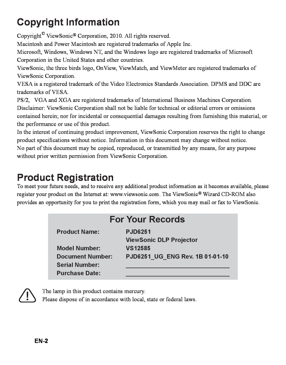 ViewSonic PJD6251 Copyright Information, Product Registration, For Your Records, Product Name, ViewSonic DLP Projector 
