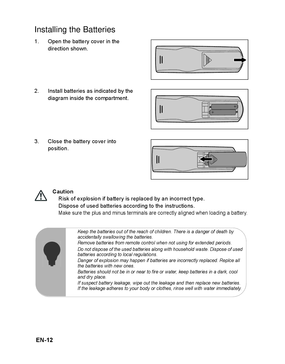 ViewSonic PJD6251 warranty Installing the Batteries, EN-12 