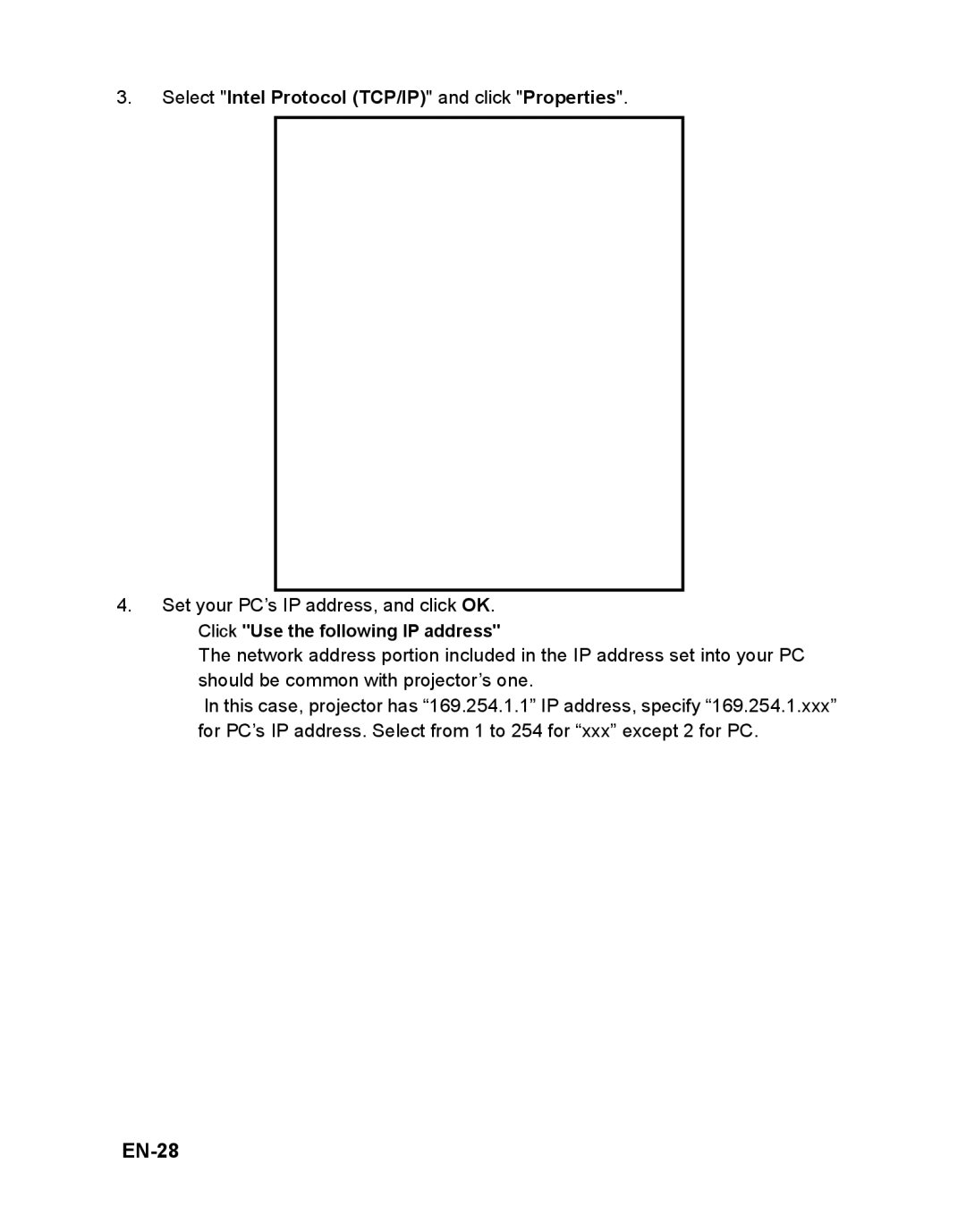 ViewSonic PJD6251 warranty EN-28, Select Intel Protocol TCP/IP and click Properties, „ Click Use the following IP address 