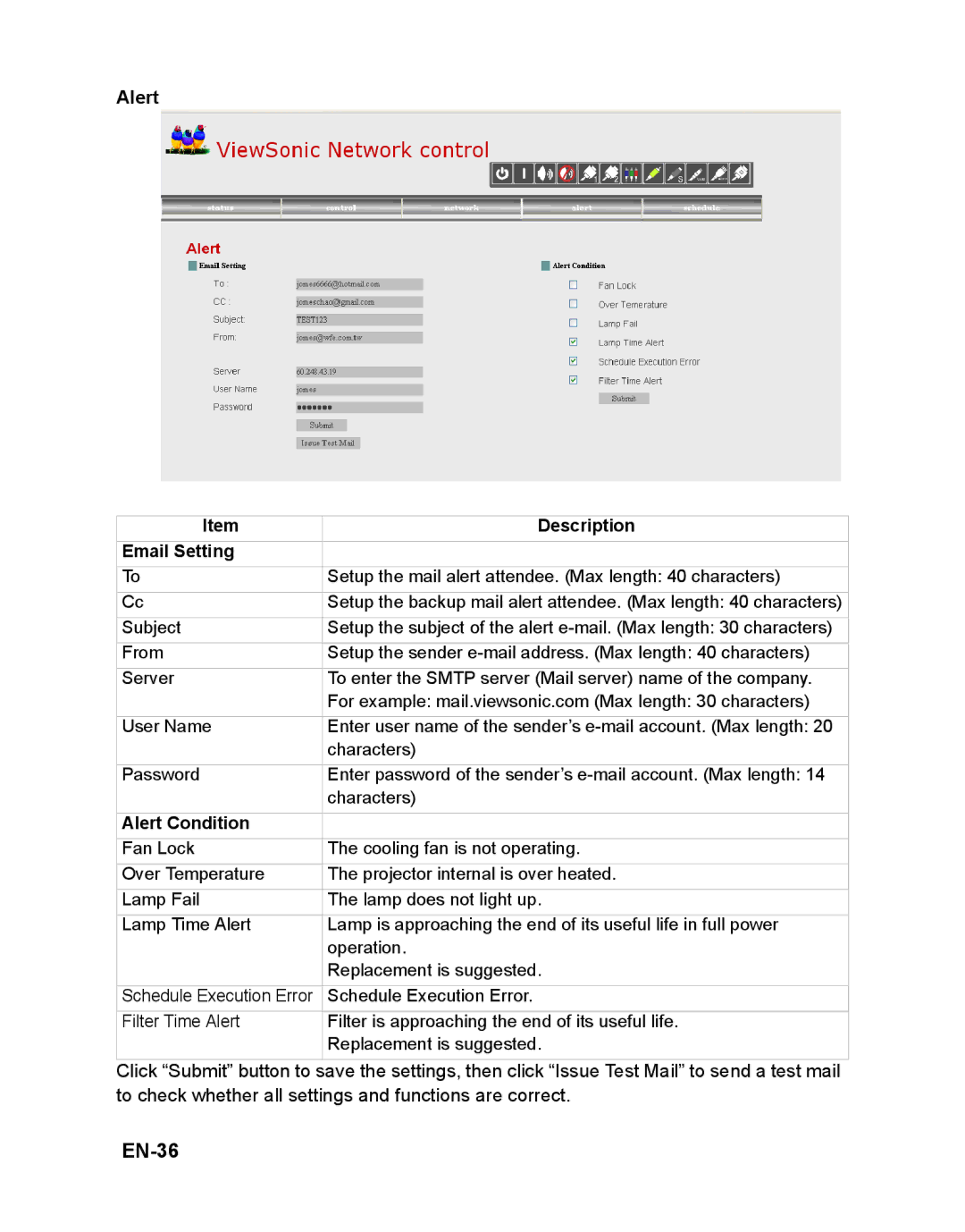 ViewSonic PJD6251 warranty EN-36, Email Setting, Alert Condition 