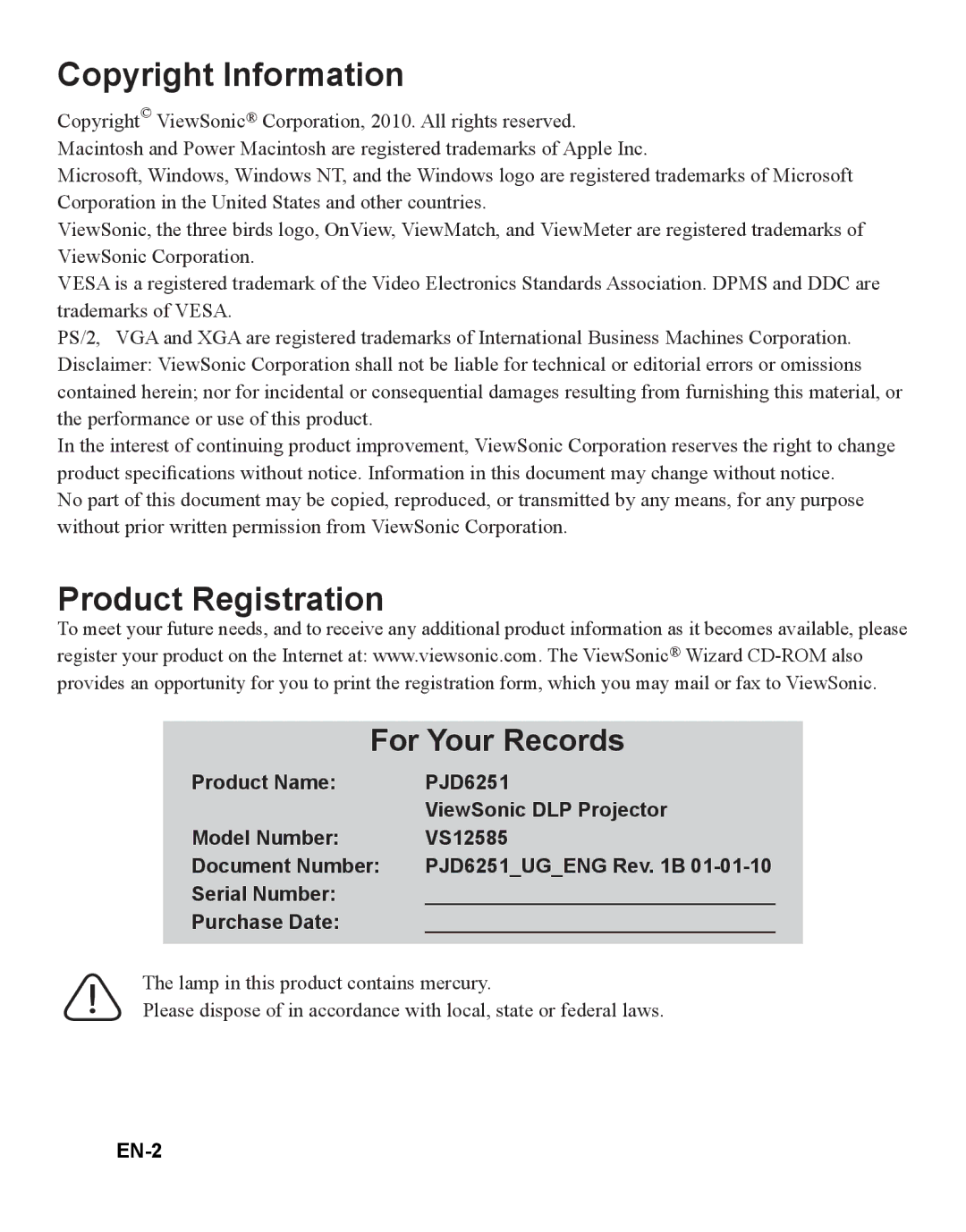 ViewSonic PJD6251 warranty Copyright Information, EN-2 