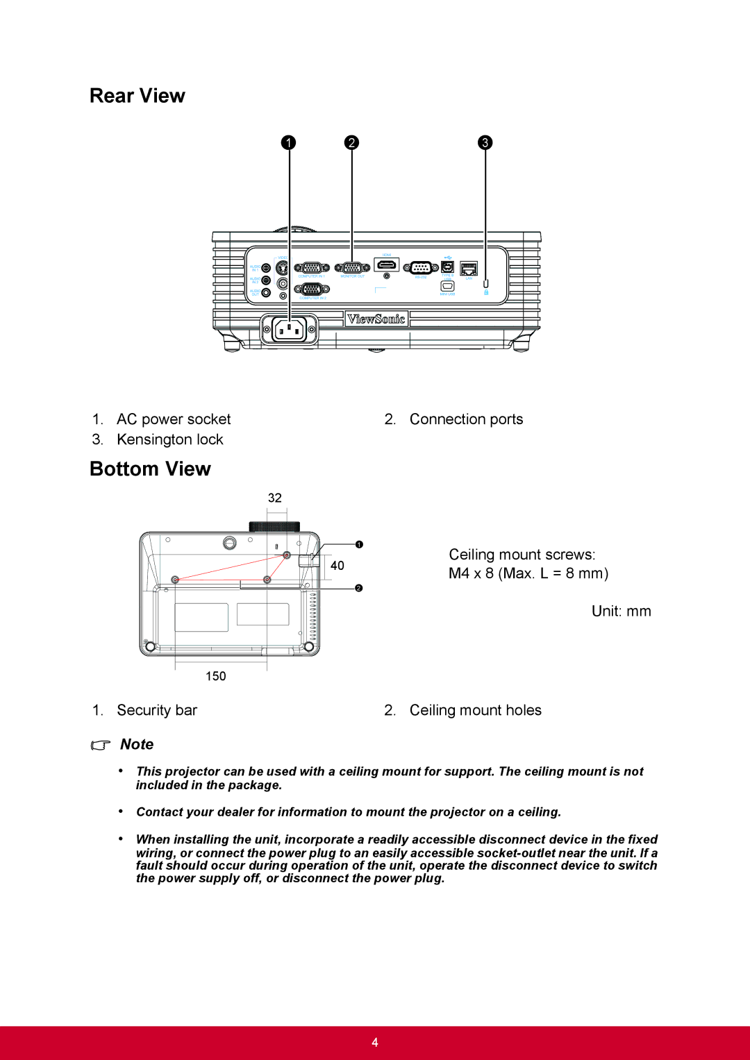 ViewSonic PJD6544W, PJD6345 warranty Rear View, Bottom View 