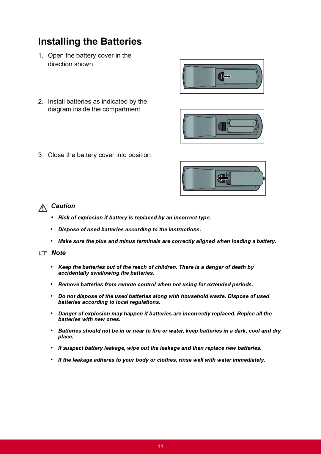 ViewSonic PJD6345, PJD6544W warranty Installing the Batteries 