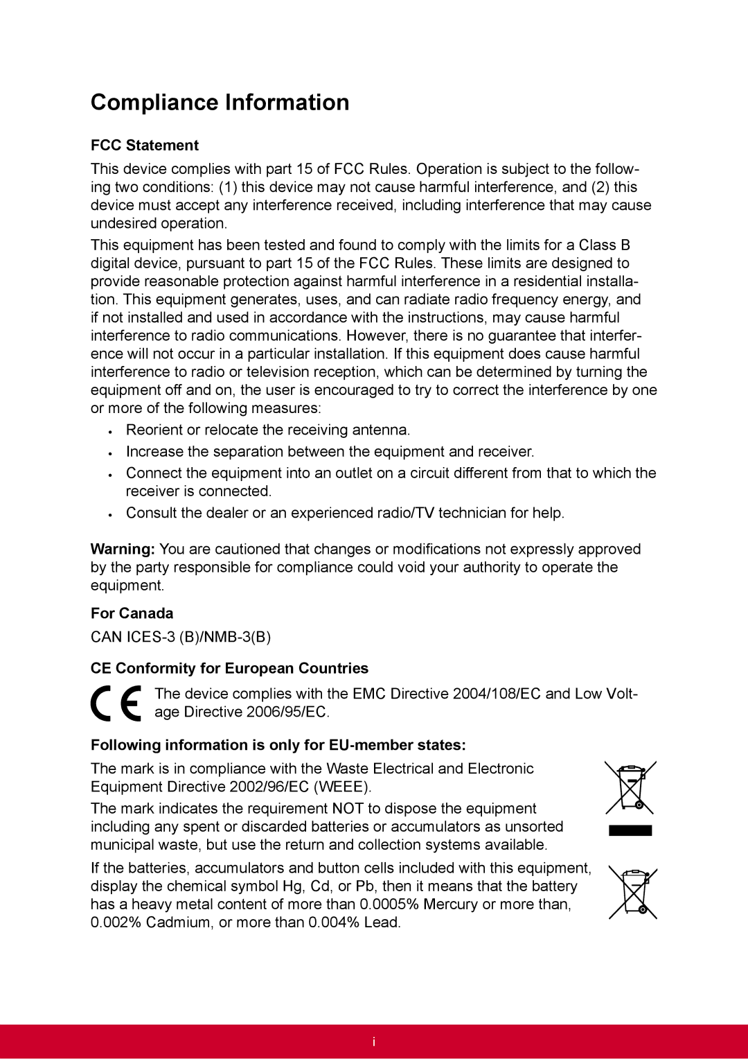 ViewSonic PJD6345, PJD6544W warranty Compliance Information, FCC Statement, For Canada, CE Conformity for European Countries 