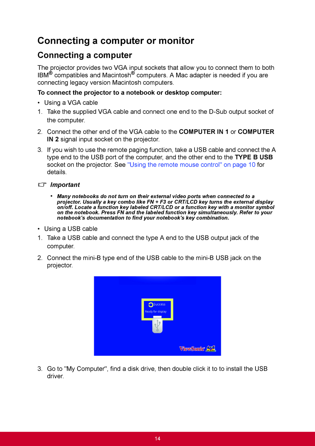 ViewSonic PJD6544W, PJD6345 Connecting a computer or monitor, To connect the projector to a notebook or desktop computer 