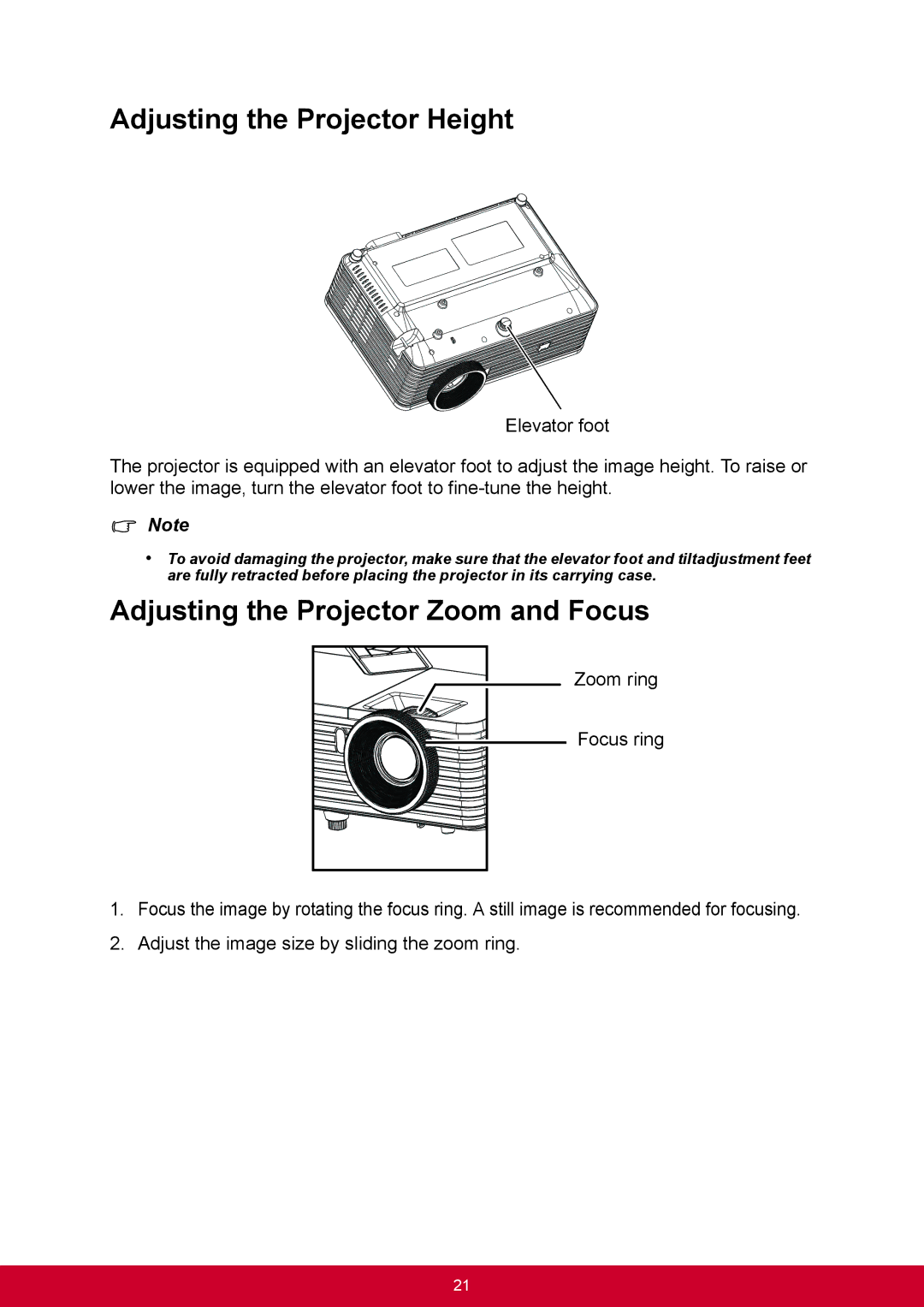 ViewSonic PJD6345, PJD6544W warranty Adjusting the Projector Height, Adjusting the Projector Zoom and Focus 