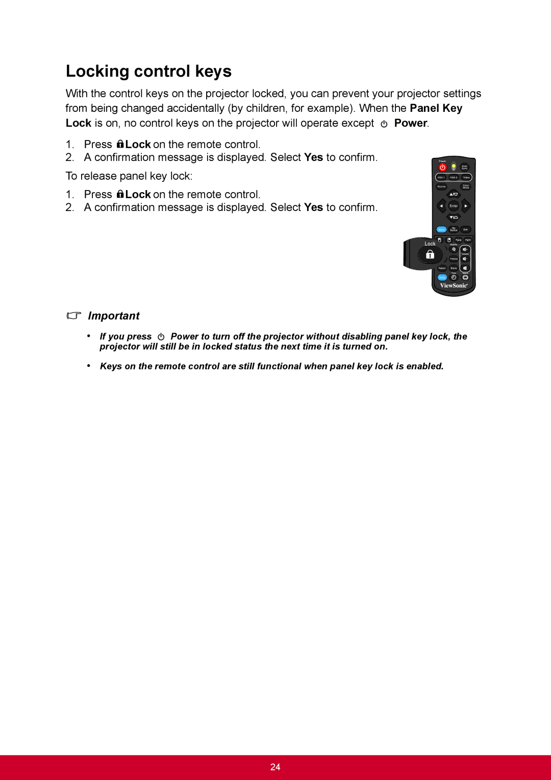 ViewSonic PJD6544W, PJD6345 warranty Locking control keys 