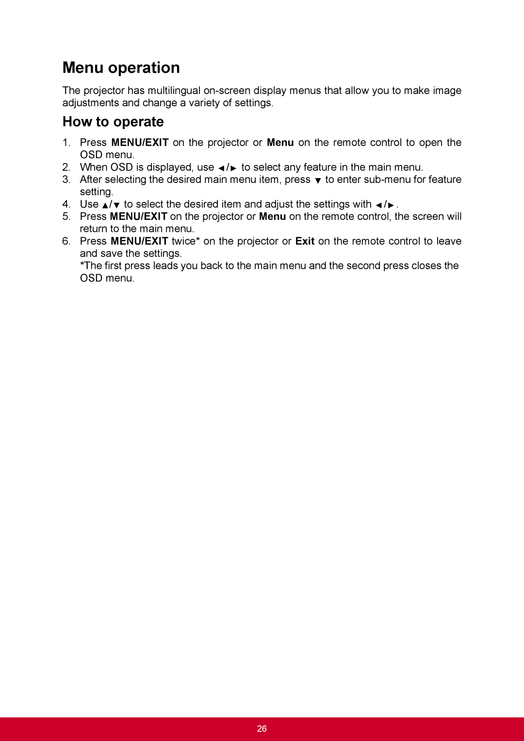 ViewSonic PJD6544W, PJD6345 warranty Menu operation, How to operate 