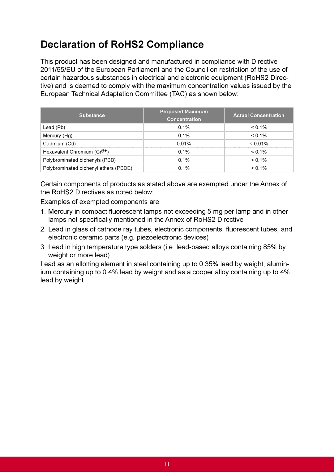 ViewSonic PJD6345, PJD6544W warranty Declaration of RoHS2 Compliance, Substance Proposed Maximum Actual Concentration 