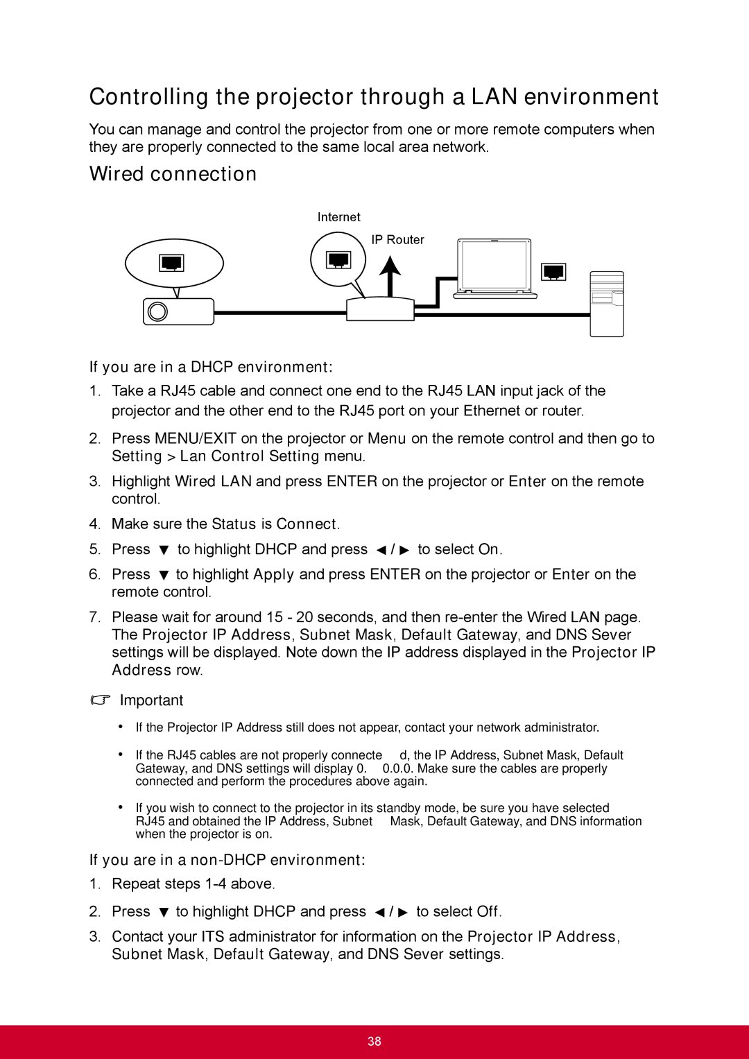 ViewSonic PJD6544W Controlling the projector through a LAN environment, Wired connection, If you are in a Dhcp environment 