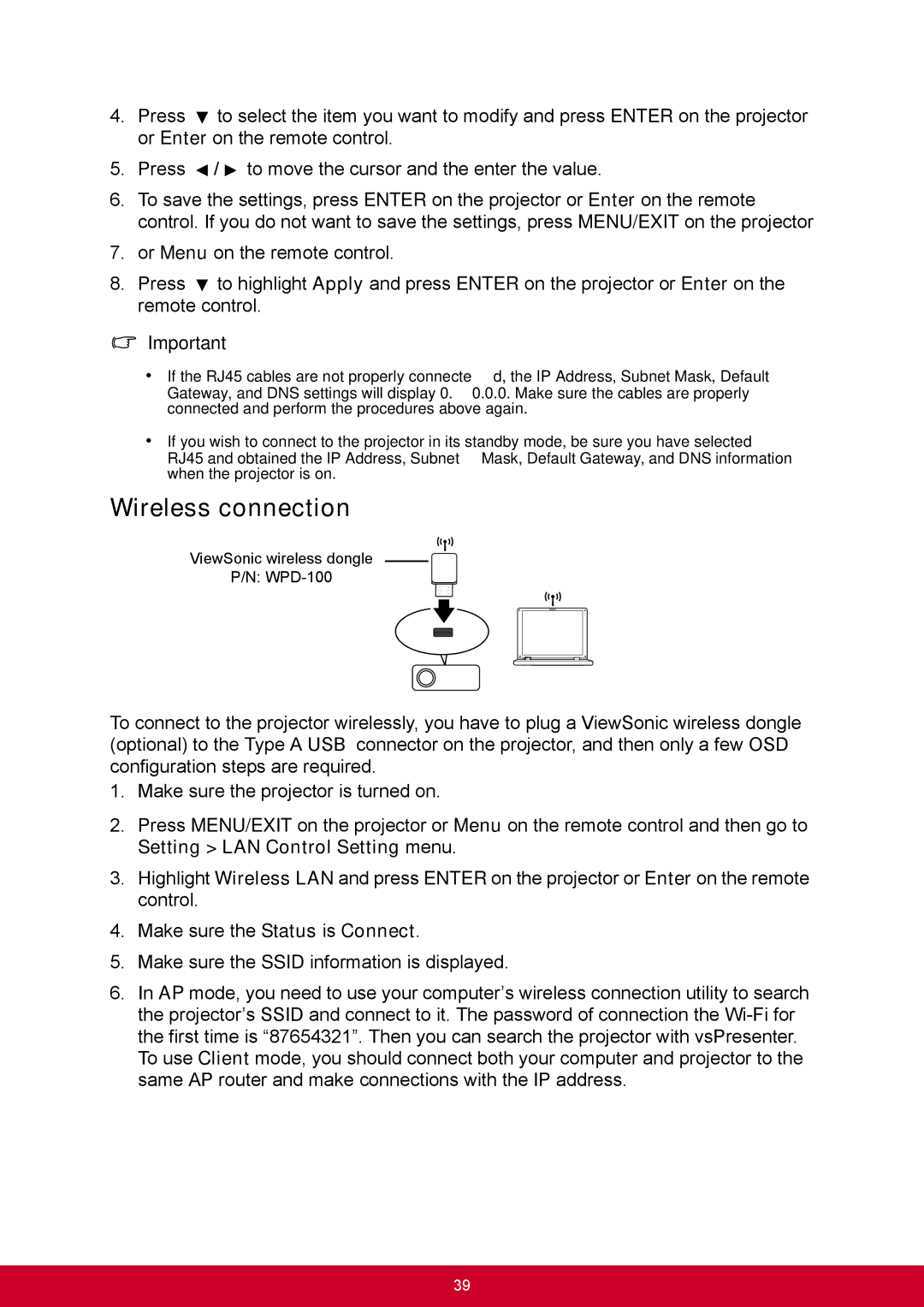 ViewSonic PJD6345, PJD6544W warranty Wireless connection 