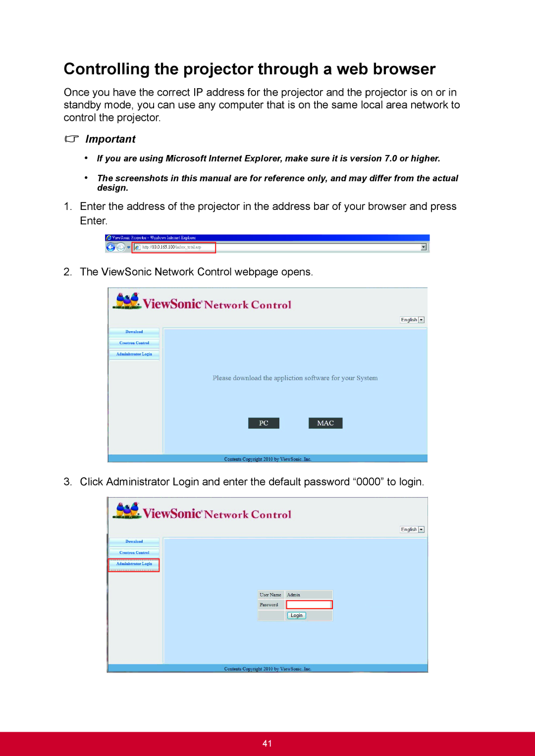 ViewSonic PJD6345, PJD6544W warranty Controlling the projector through a web browser 