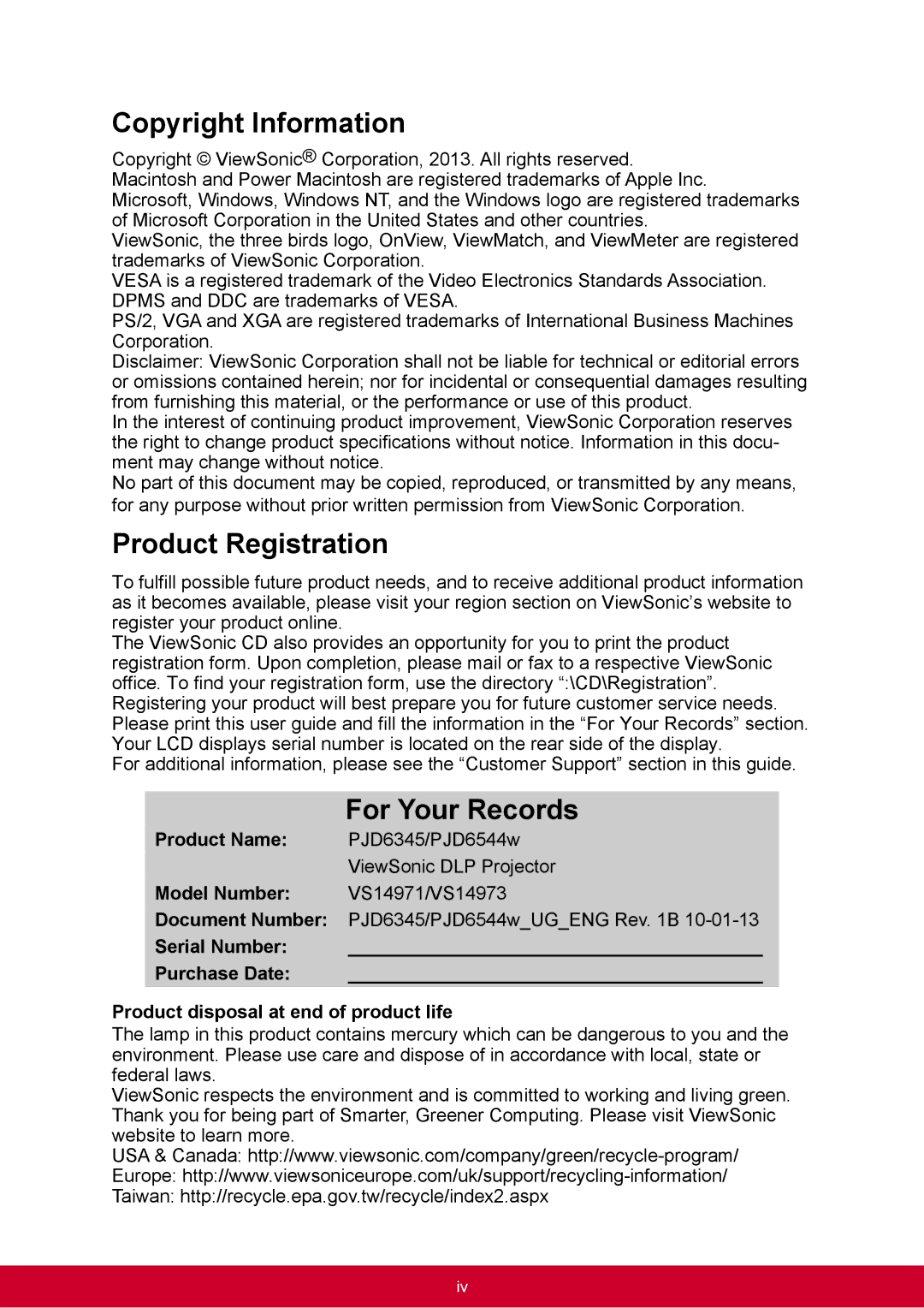 ViewSonic PJD6544W, PJD6345 warranty Copyright Information, Product Registration, For Your Records 