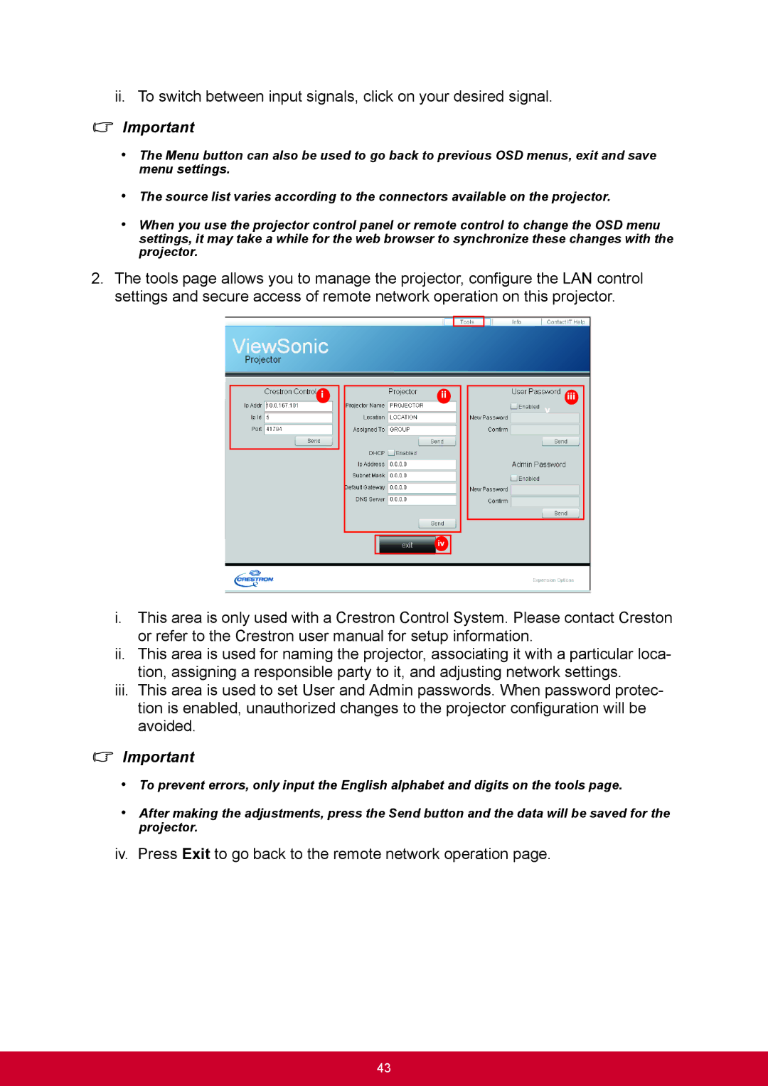 ViewSonic PJD6345, PJD6544W warranty Iv. Press Exit to go back to the remote network operation 