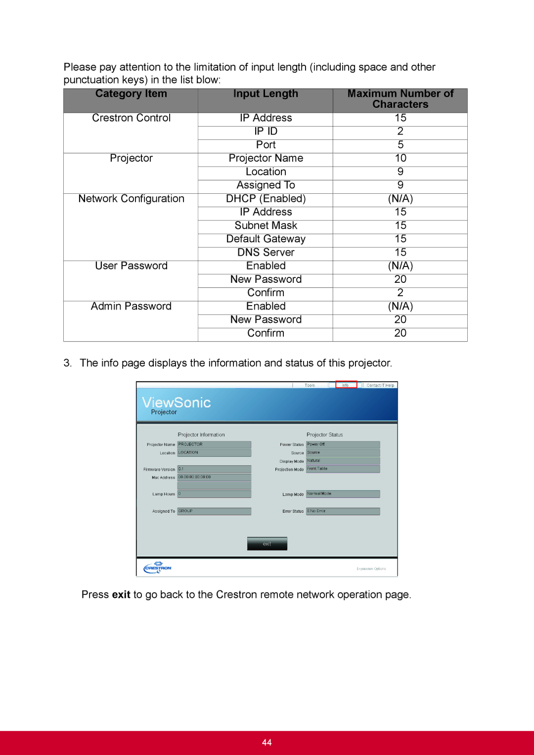 ViewSonic PJD6544W, PJD6345 warranty Category Item Input Length Maximum Number, Ip Id 