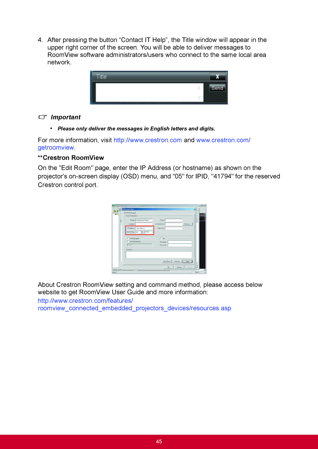 ViewSonic PJD6345, PJD6544W warranty Crestron RoomView 