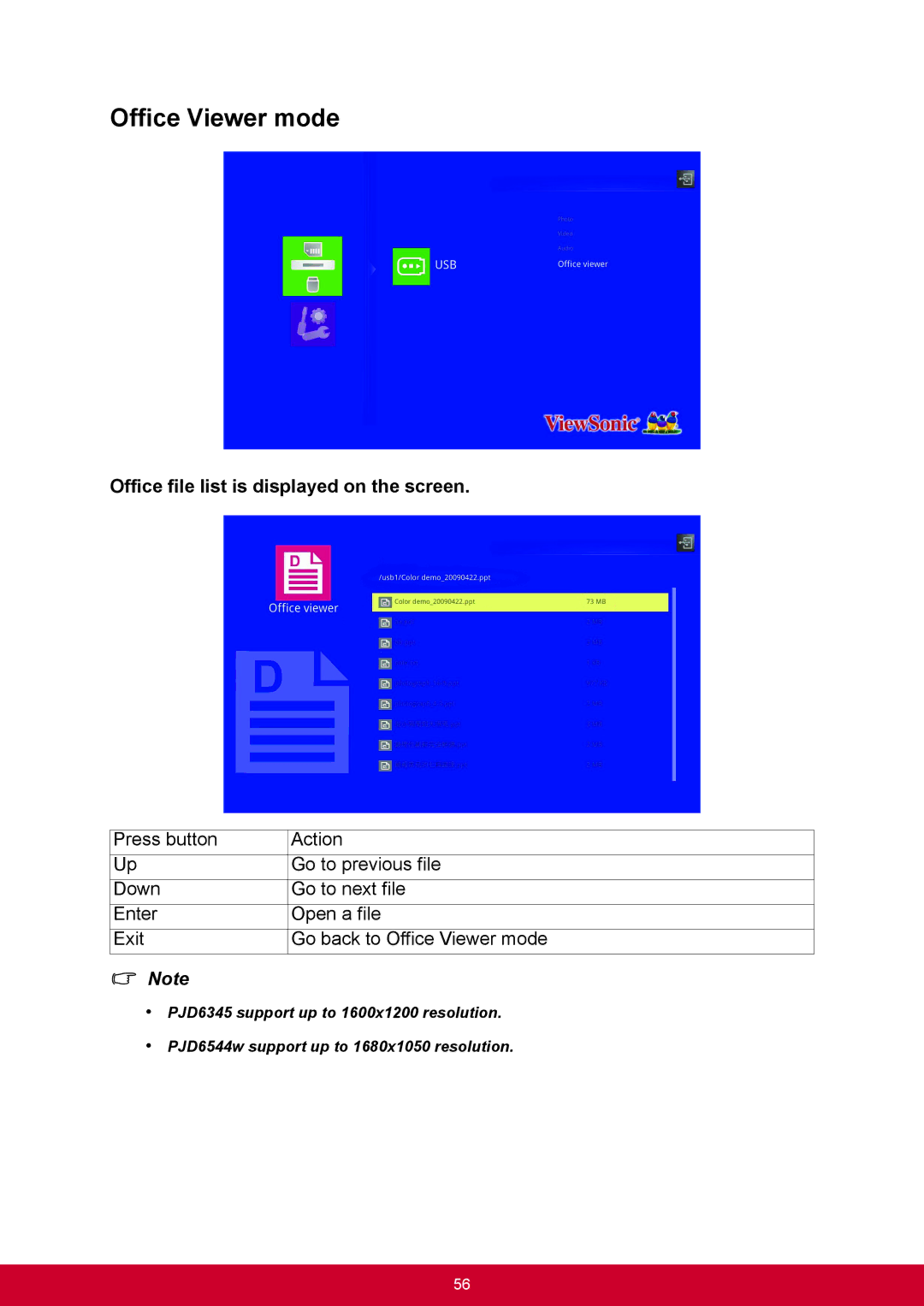 ViewSonic PJD6544W, PJD6345 warranty Office Viewer mode, Office file list is displayed on the screen 