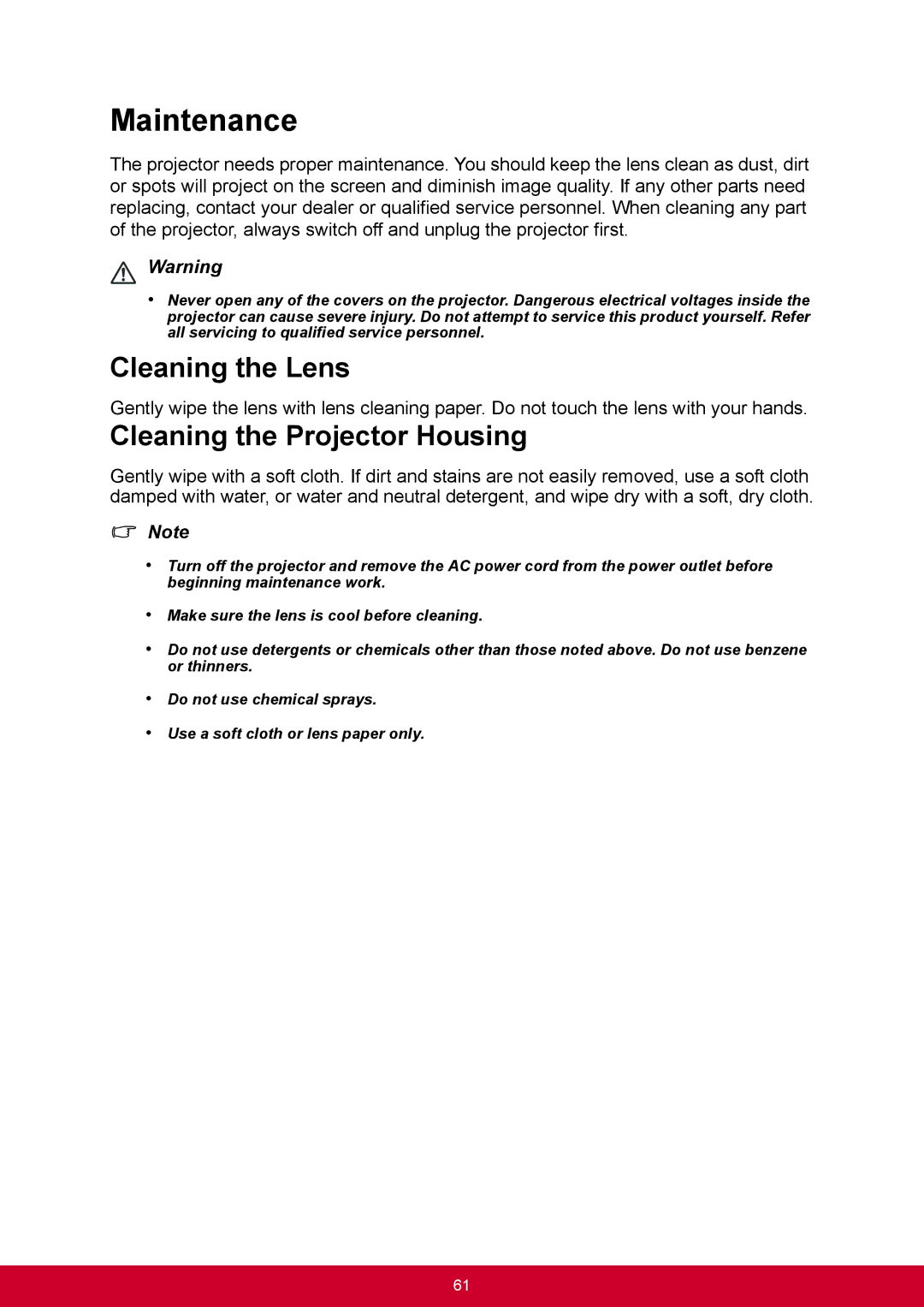 ViewSonic PJD6345, PJD6544W warranty Cleaning the Lens, Cleaning the Projector Housing 