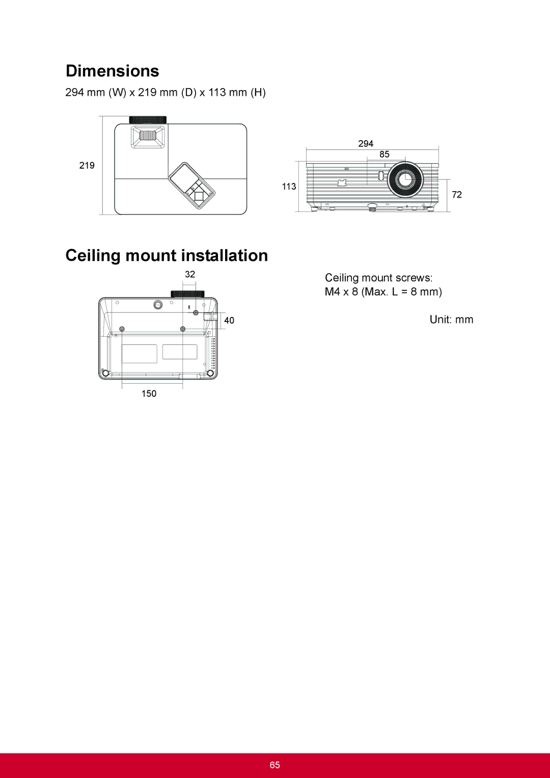 ViewSonic PJD6345, PJD6544W warranty Dimensions, Ceiling mount installation 