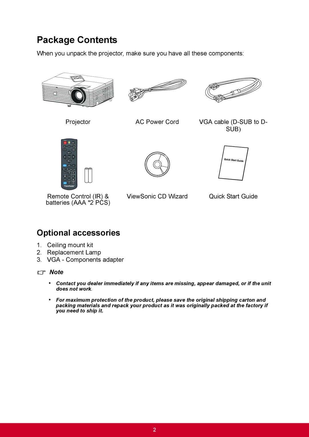 ViewSonic PJD6544W, PJD6345 warranty Package Contents 