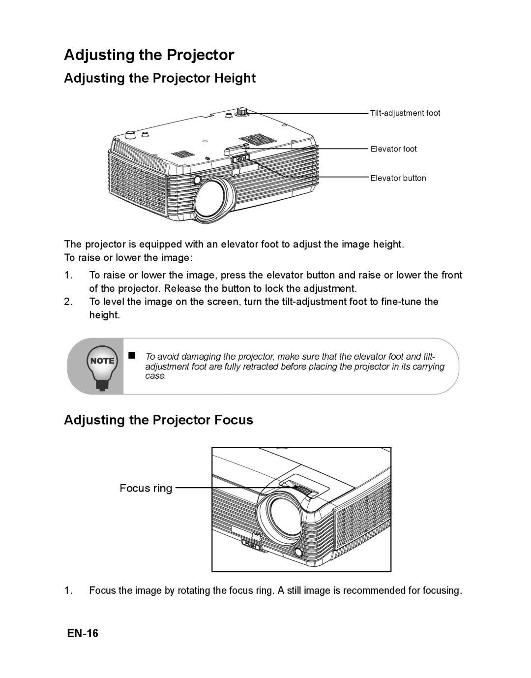 ViewSonic PJD6381 warranty Adjusting the Projector Height, Adjusting the Projector Focus, EN-16 