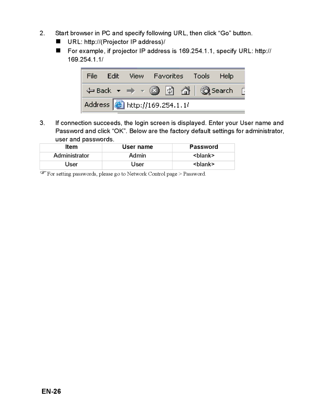 ViewSonic PJD6381 warranty EN-26, User name Password 