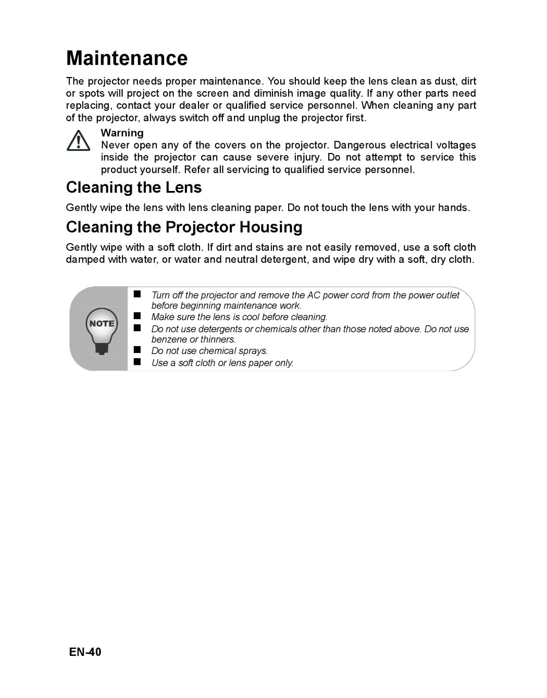 ViewSonic PJD6381 warranty Maintenance, Cleaning the Lens, Cleaning the Projector Housing, EN-40 