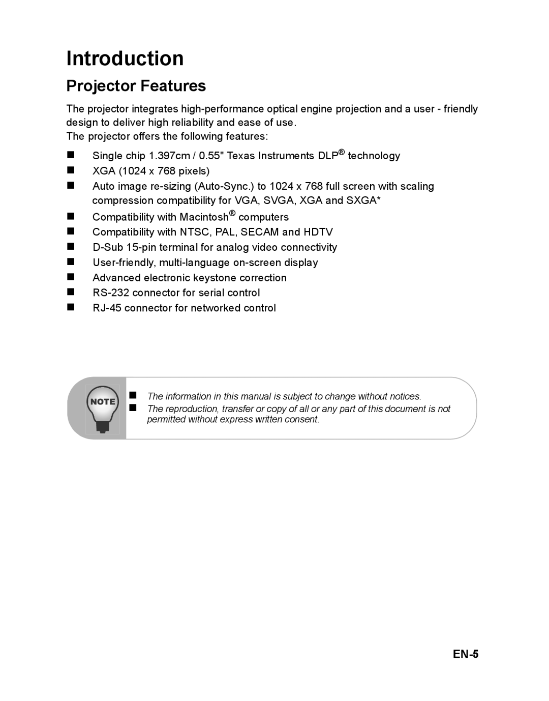 ViewSonic PJD6381 warranty Introduction, Projector Features, EN-5 