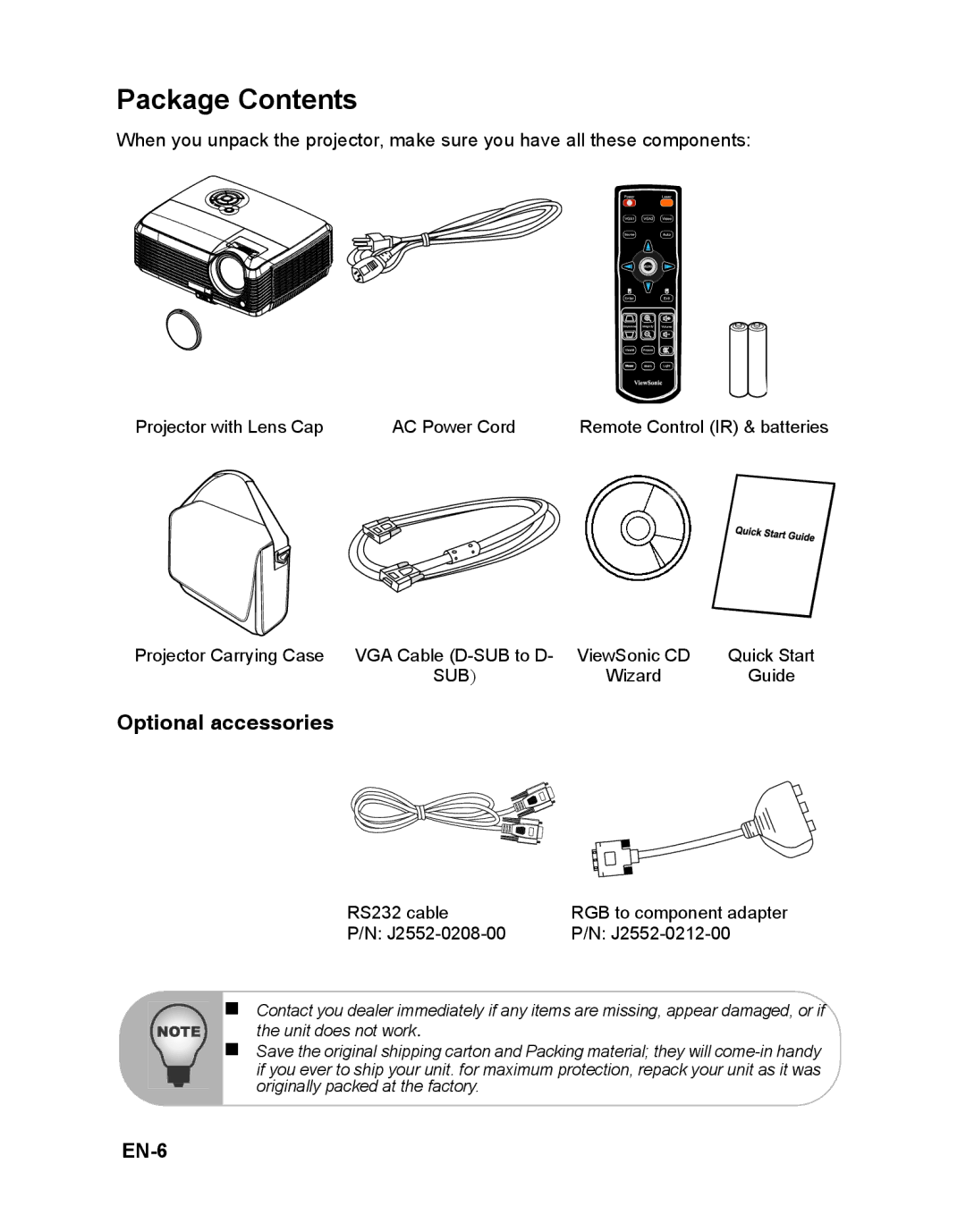 ViewSonic PJD6381 warranty Package Contents 