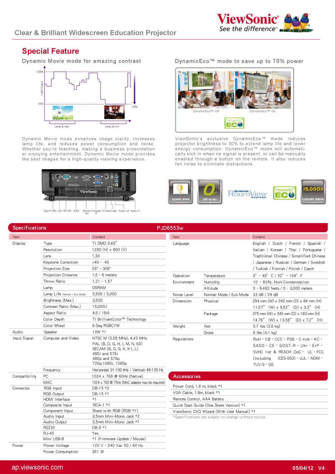 ViewSonic PJD6553W manual Specifications PJD6553w, Accessories, Dynamic Movie mode for amazing contrast 