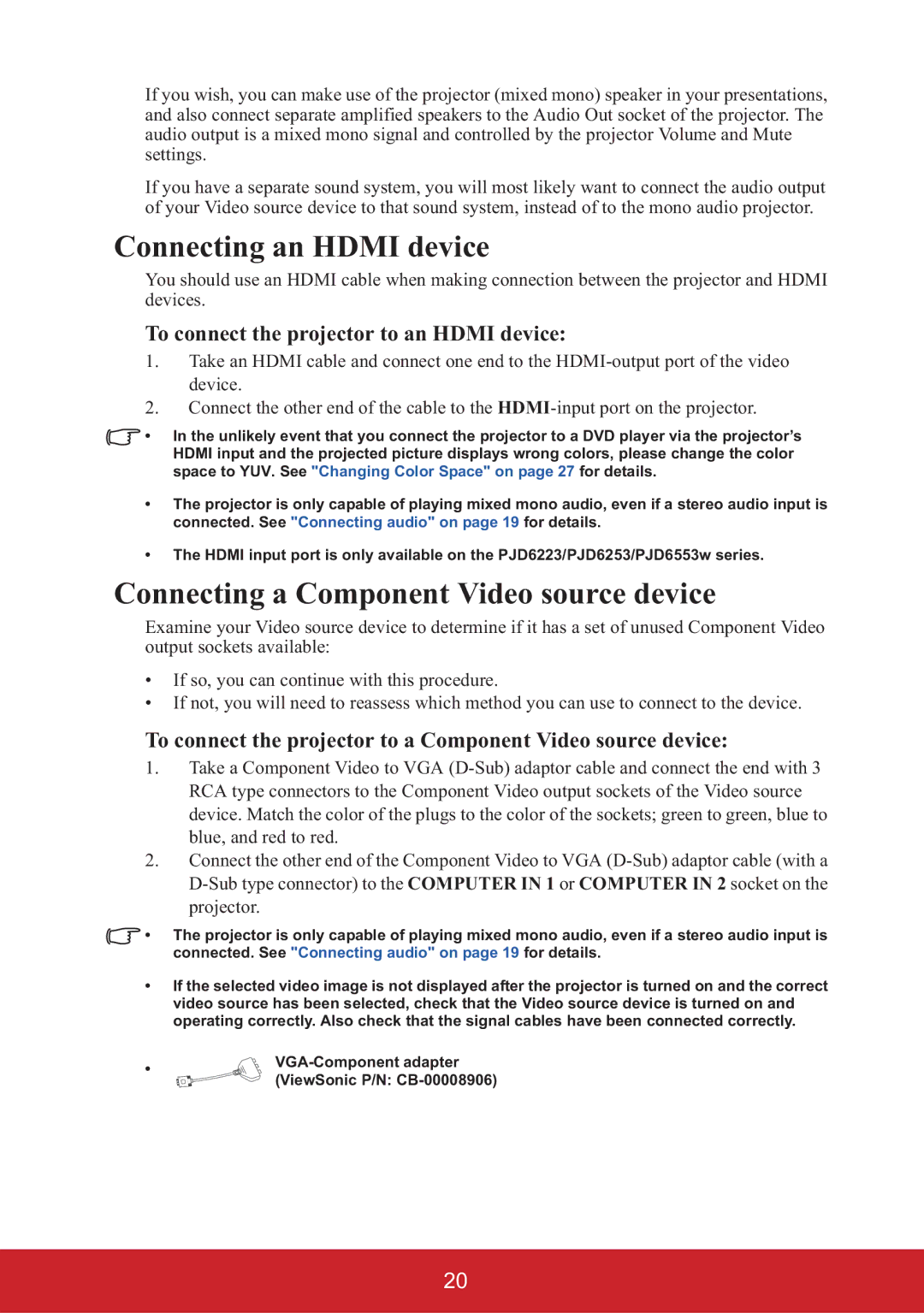 ViewSonic PJD5226, PJD6653W, PJD6553W, PJD6683W warranty Connecting an Hdmi device, Connecting a Component Video source device 