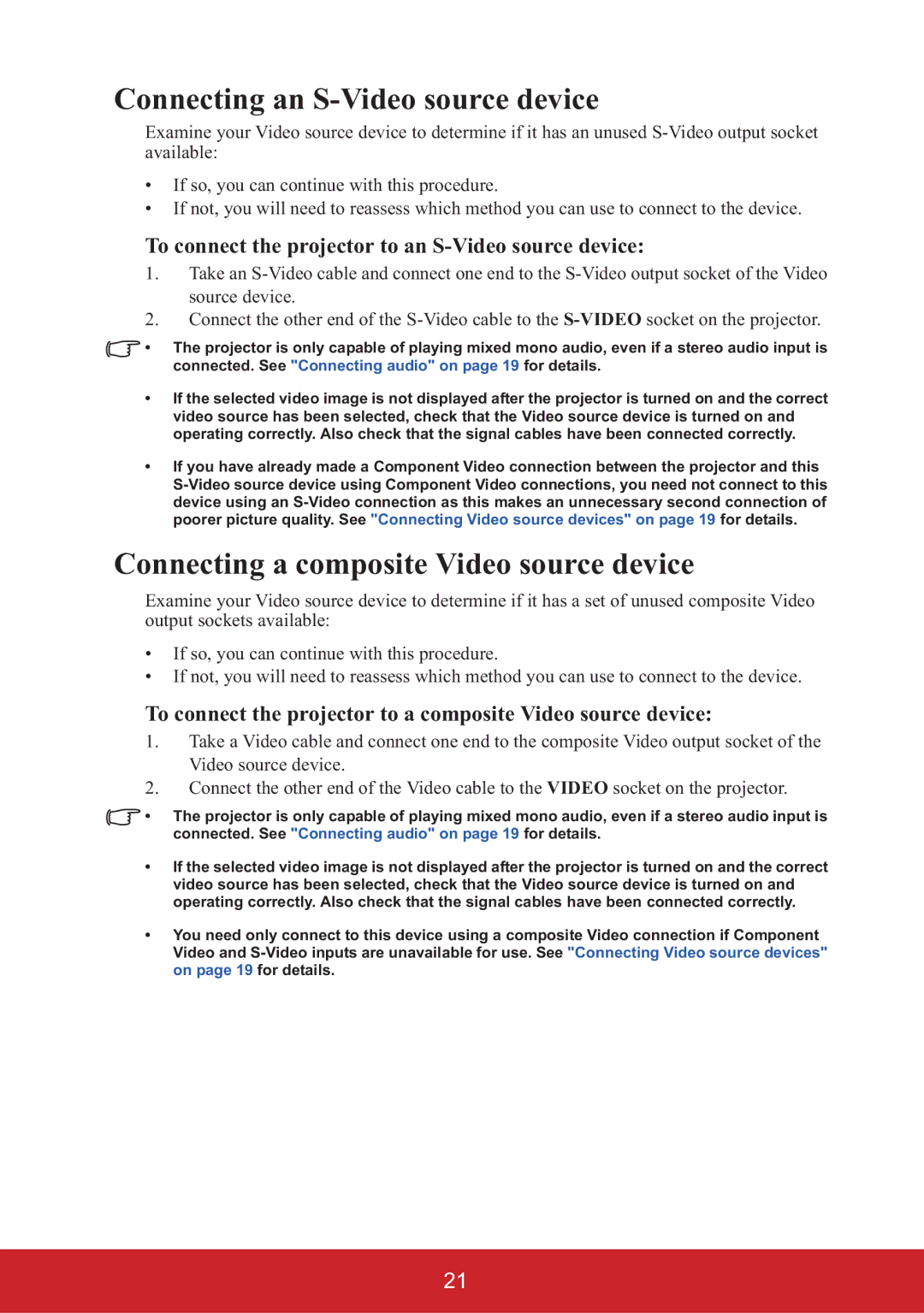 ViewSonic PJD6653W, PJD6553W, PJD6683W Connecting an S-Video source device, Connecting a composite Video source device 