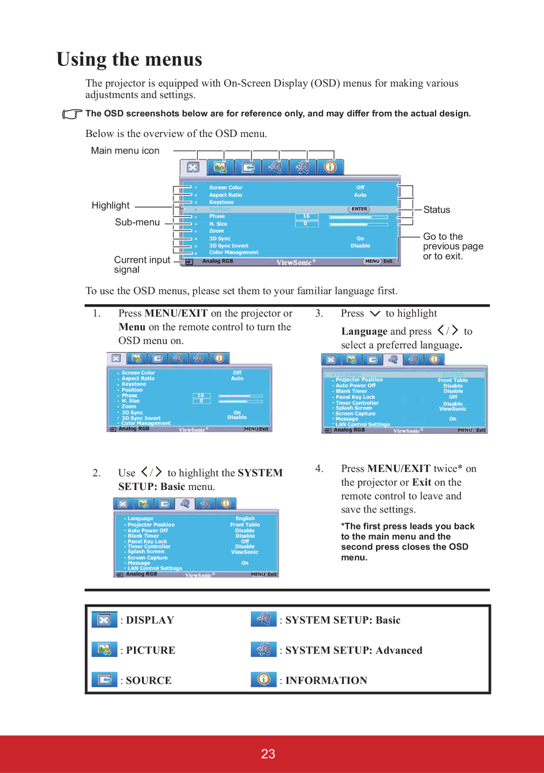 ViewSonic PJD6683W, PJD6653W warranty Using the menus, Use / to highlight the System Setup Basic menu, System Setup Advanced 