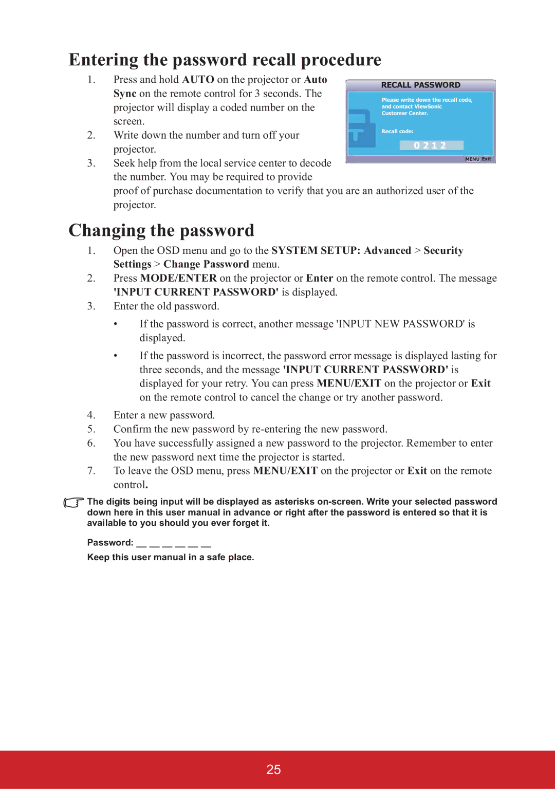 ViewSonic PJD6383, PJD6653W, PJD6553W, PJD6683W, PJD6353S Entering the password recall procedure, Changing the password 