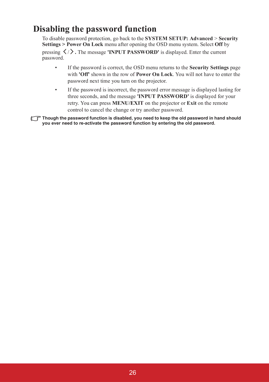 ViewSonic PJD6383S, PJD6553W, PJD6353S, PJD6683WS, PJD6653WS, PJD6253, PJD6223, PJD5226W Disabling the password function 