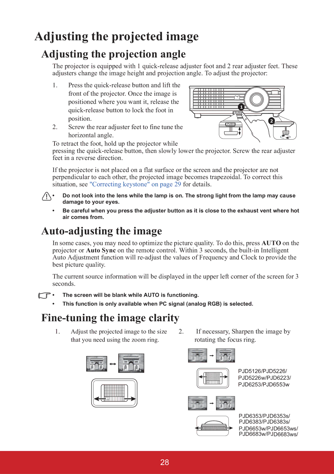 ViewSonic PJD6653WS, PJD6553W Adjusting the projected image, Adjusting the projection angle, Auto-adjusting the image 