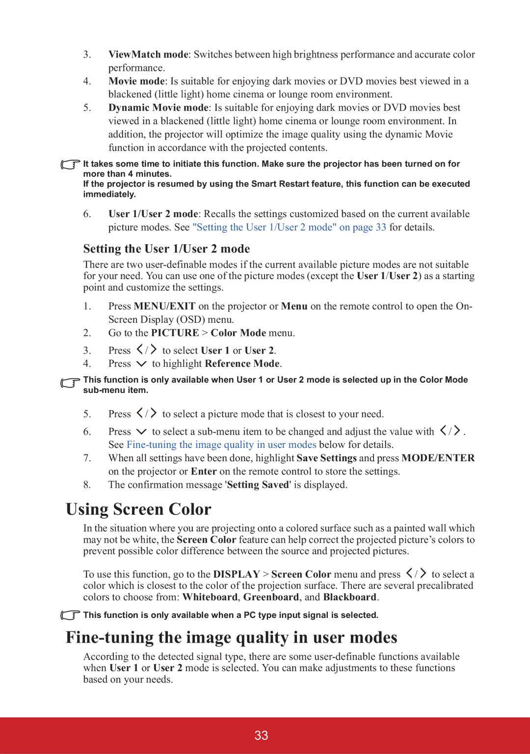 ViewSonic PJD5226, PJD6383 Using Screen Color, Fine-tuning the image quality in user modes, Setting the User 1/User 2 mode 