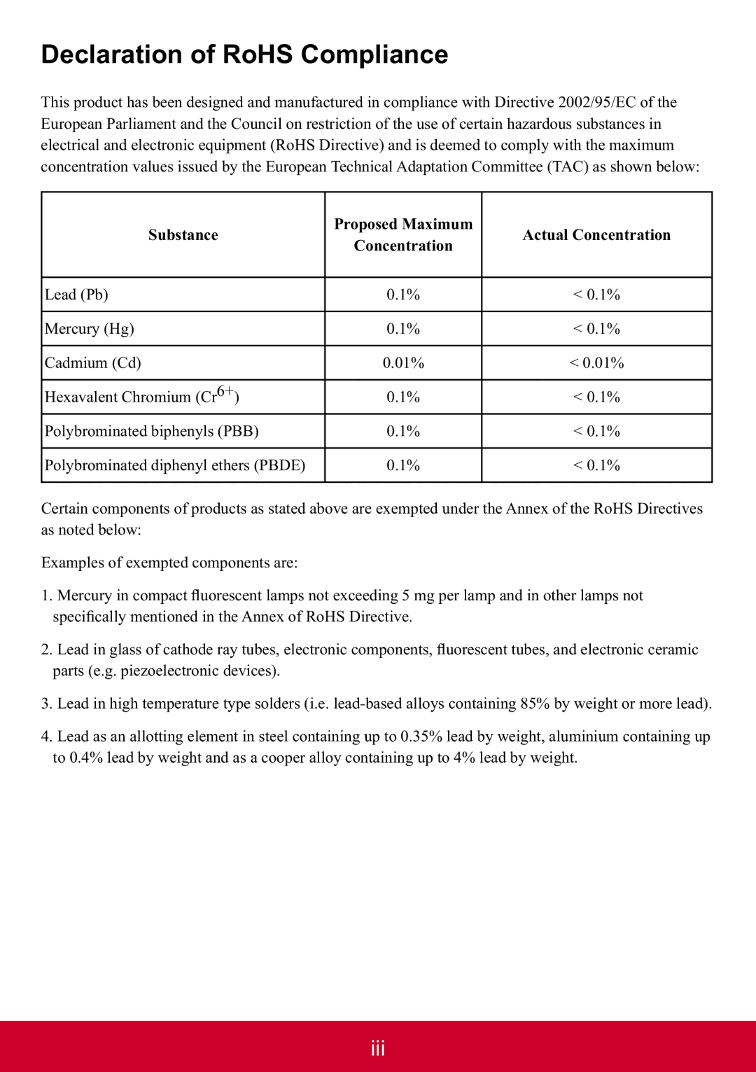 ViewSonic PJD6553W, PJD6353S, PJD6383S, PJD6683WS, PJD6653WS, PJD6253, PJD6223, PJD5226W Declaration of RoHS Compliance 