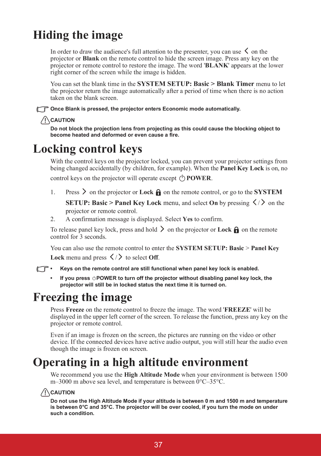 ViewSonic PJD6353S Hiding the image, Locking control keys, Freezing the image, Operating in a high altitude environment 