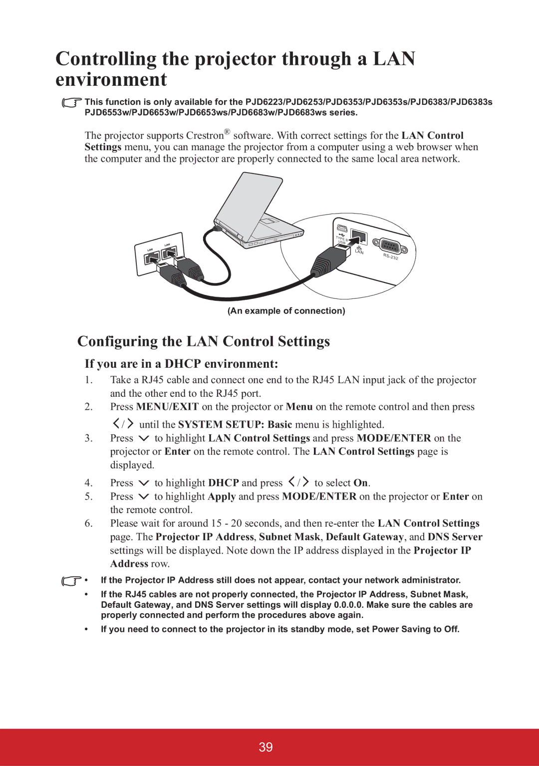 ViewSonic PJD6383S, PJD6653W Controlling the projector through a LAN environment, Configuring the LAN Control Settings 