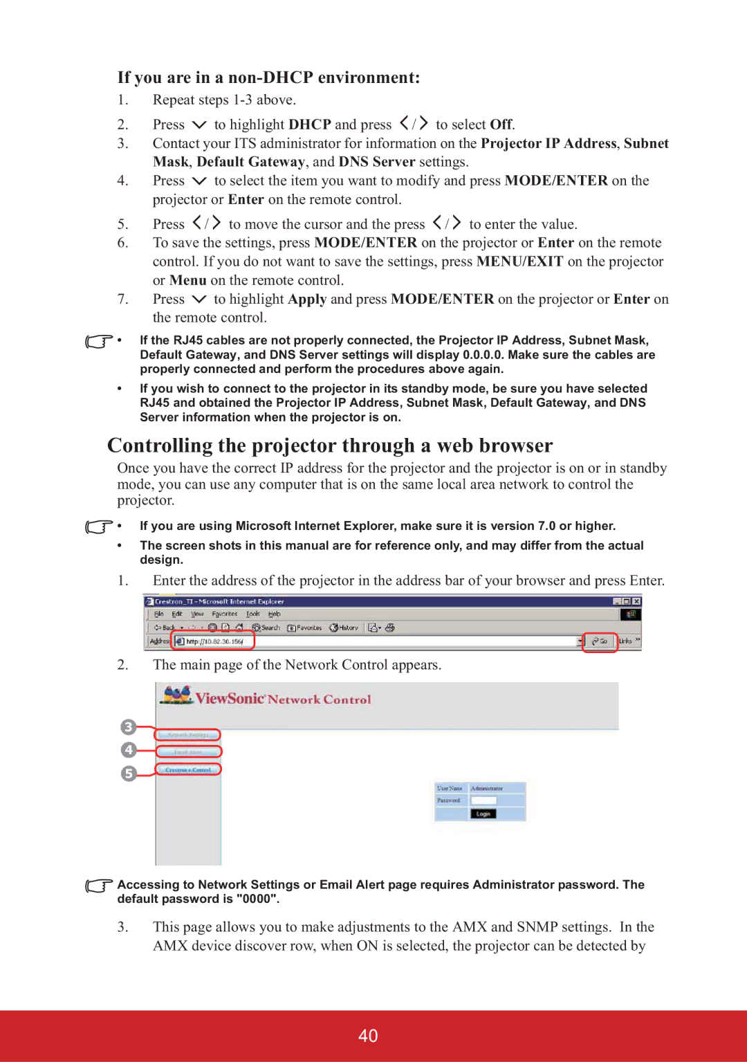 ViewSonic PJD6683WS, PJD6653W warranty Controlling the projector through a web browser, If you are in a non-DHCP environment 