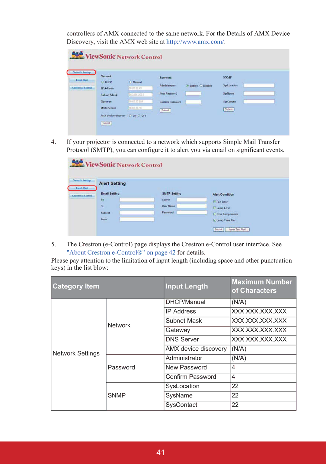 ViewSonic PJD6653WS, PJD6553W, PJD6353S, PJD6383S, PJD6683WS Category Item Input Length Maximum Number Characters 