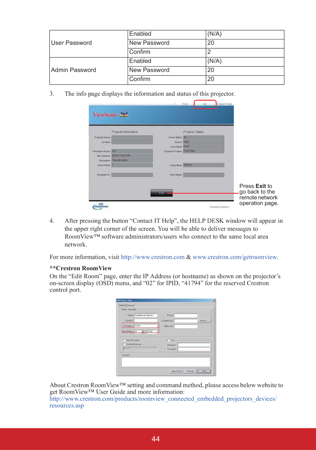 ViewSonic PJD6223, PJD6653W, PJD6553W, PJD6683W Enabled User Password New Password Confirm Admin Password, Crestron RoomView 