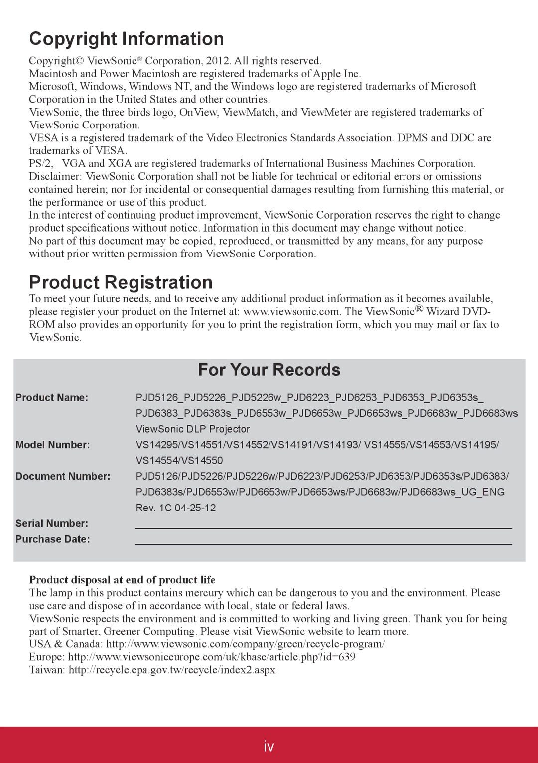 ViewSonic PJD6383S, PJD6553W, PJD6353S, PJD6683WS, PJD6653WS, PJD6253, PJD6223, PJD5226W warranty Copyright Information 