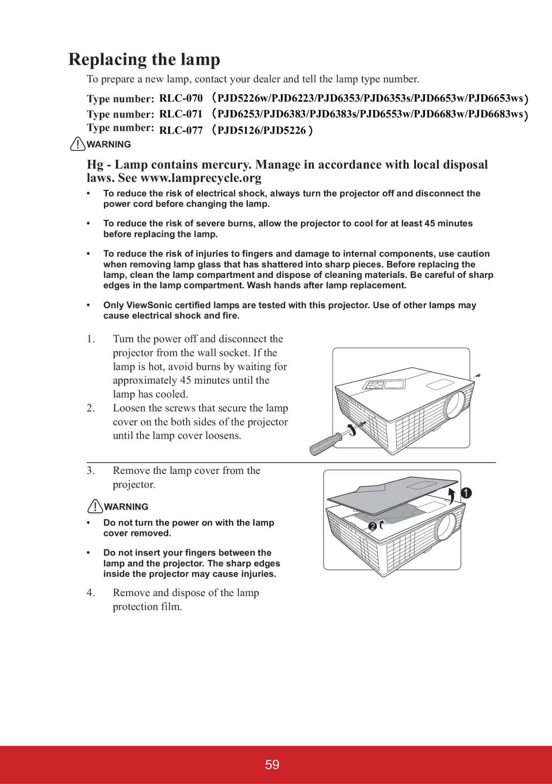 ViewSonic PJD5226, PJD6653W, PJD6553W, PJD6683W, PJD6353S warranty Replacing the lamp, Type number RLC-071, Type number RLC-077 