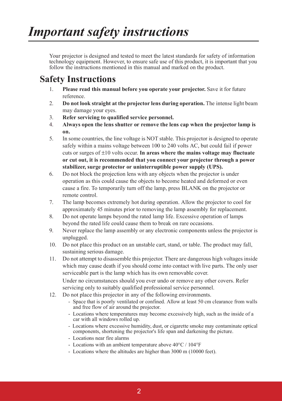 ViewSonic PJD6653WS, PJD6553W, PJD6353S, PJD6383S, PJD6683WS, PJD6253 Important safety instructions, Safety Instructions 